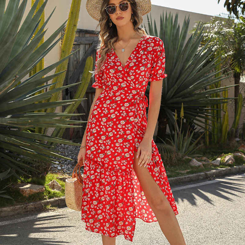 

Women High Waist Slim Strap Casual Beach Dress Summer V Neck Puff Short Sleeve Bohemia Dress Red Flower Print Chiffon Midi Dress