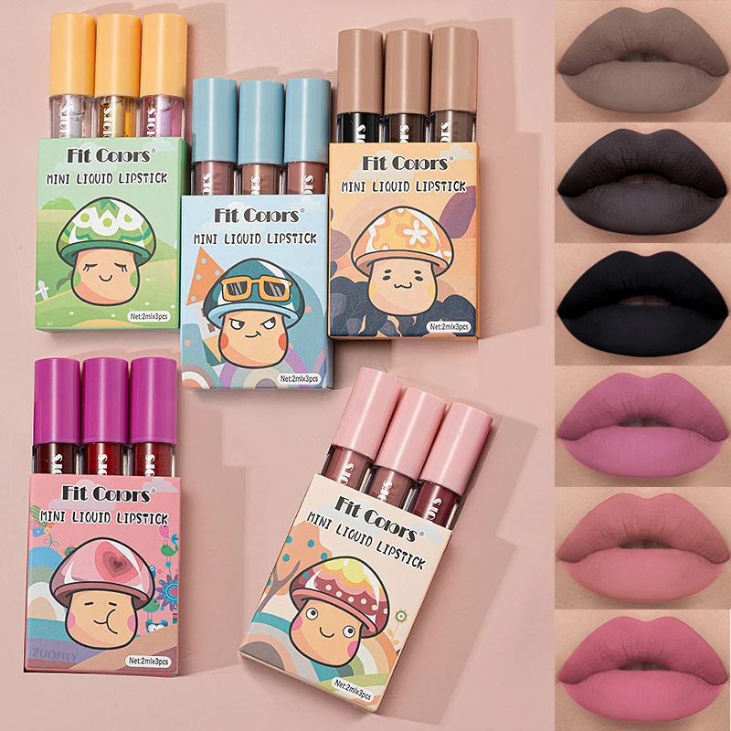 

3-Colors Cute Lipstick Set Sexy Matte Punk Dark Lip Gloss Kits Non-stick Cup Mini Liquid Lipstick Waterproof Nude Lip Mud Makeup