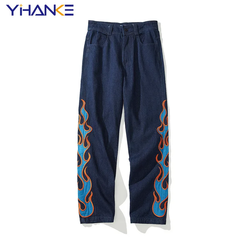 Flame Embroidery Men's Straight Jeans European and American High Street Tide Brand Hip Hop Casual Jeans for Men and Women