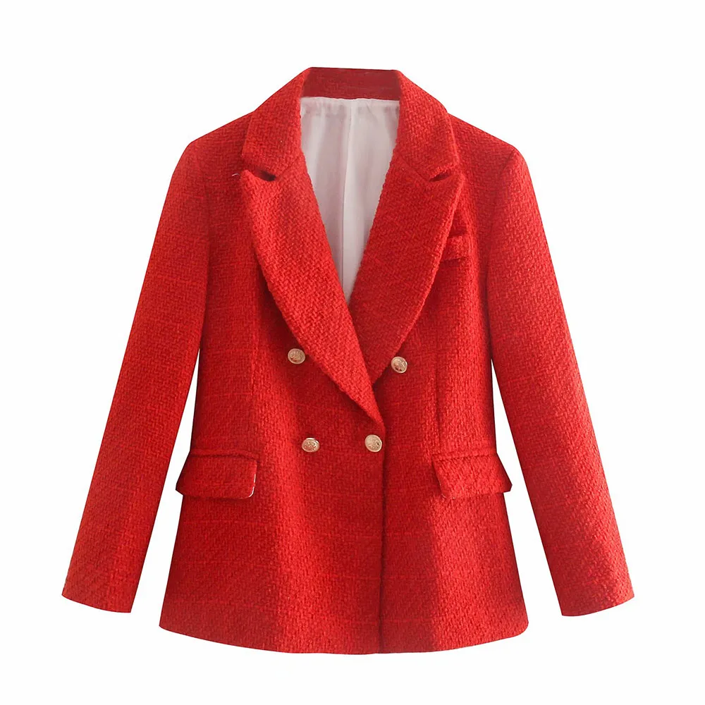 

Za Women 2023 Fashion Texture Double Breasted Woolen Check Blazer Coat Vintage Long Sleeve Pockets Female Outerwear Chic Veste