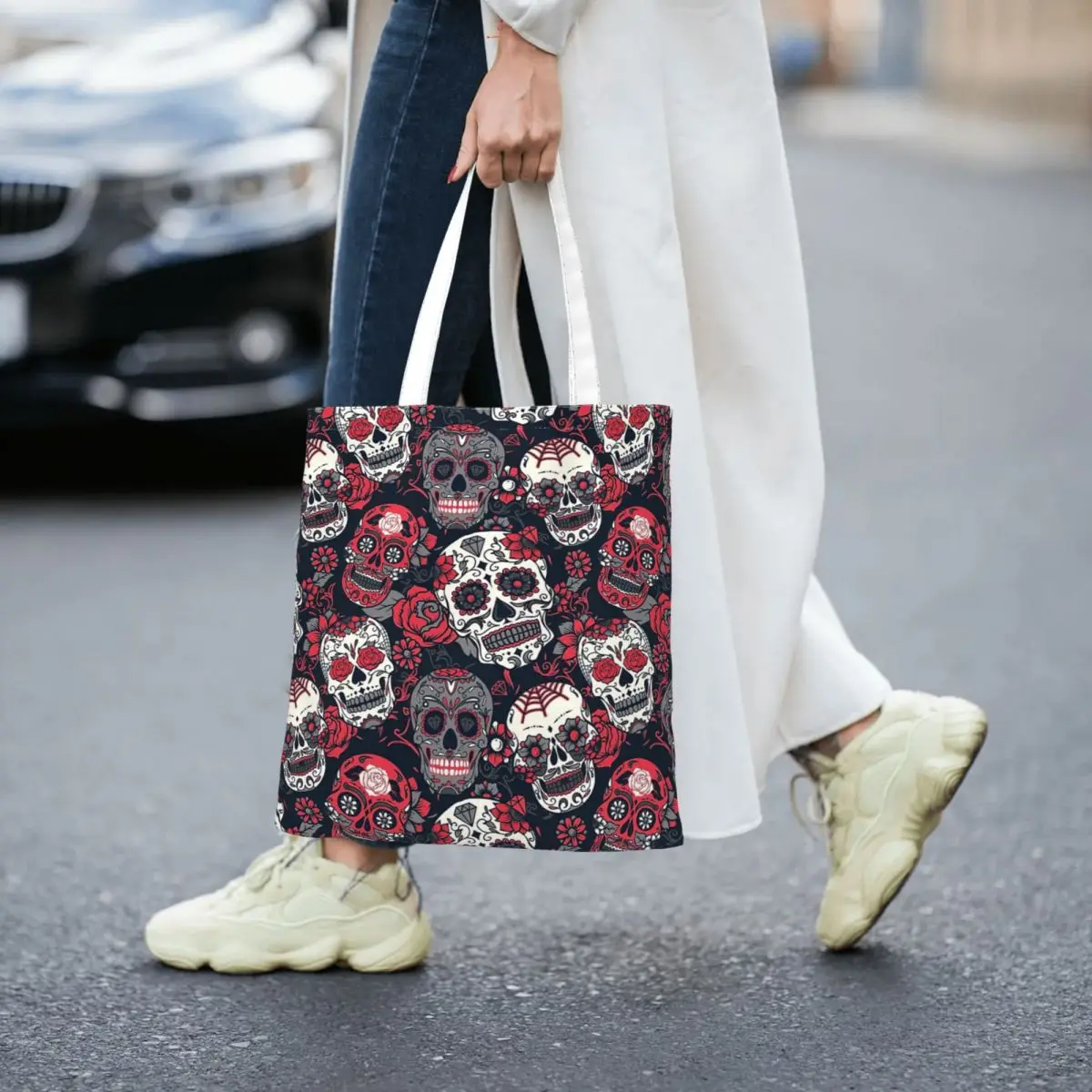 

Sugar Skull Pattern Red Totes Canvas Handbag Women Canvas Shopping Bag