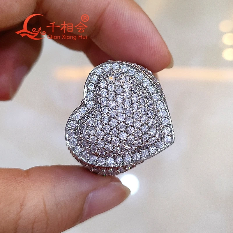 Big size Heart melee  Moissanite Ring  Men women Sterling 925 Silver Round Brilliant Diamonds Engagement  Male Wedding Jewelry