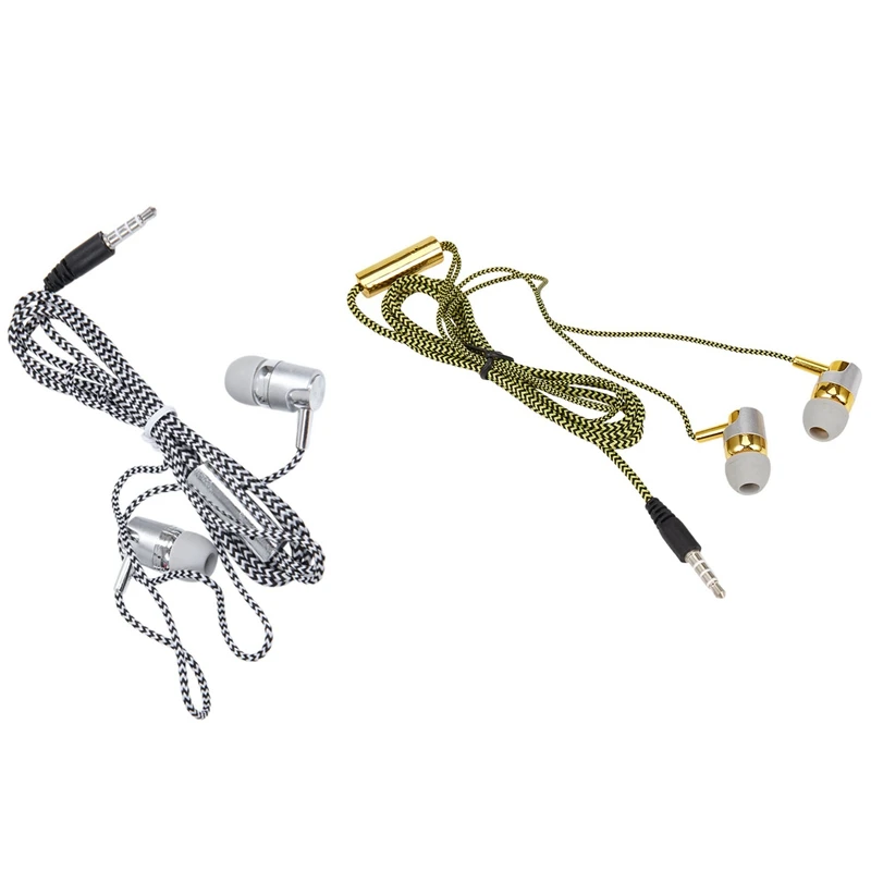 

2 Pcs H-169 3.5Mm MP3 MP4 Wiring Subwoofer Braided Cord, Music Headphones With Wheat Wire Control, Silver & Golden