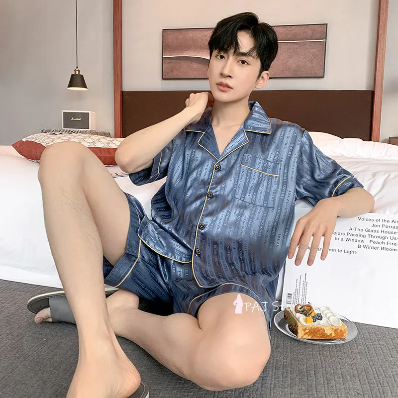 1 Set Men Silk Pajama set Big Size Sleepwear Summer Short Sleeved Home Wear Silk Pajamas Set for Homewear Pj Set M-5XL