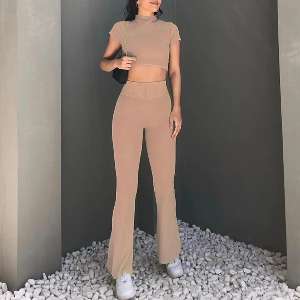 

Lady Outfit Slim Fit Tops Trousers Set Women Crop Top with Long Tights Trousers