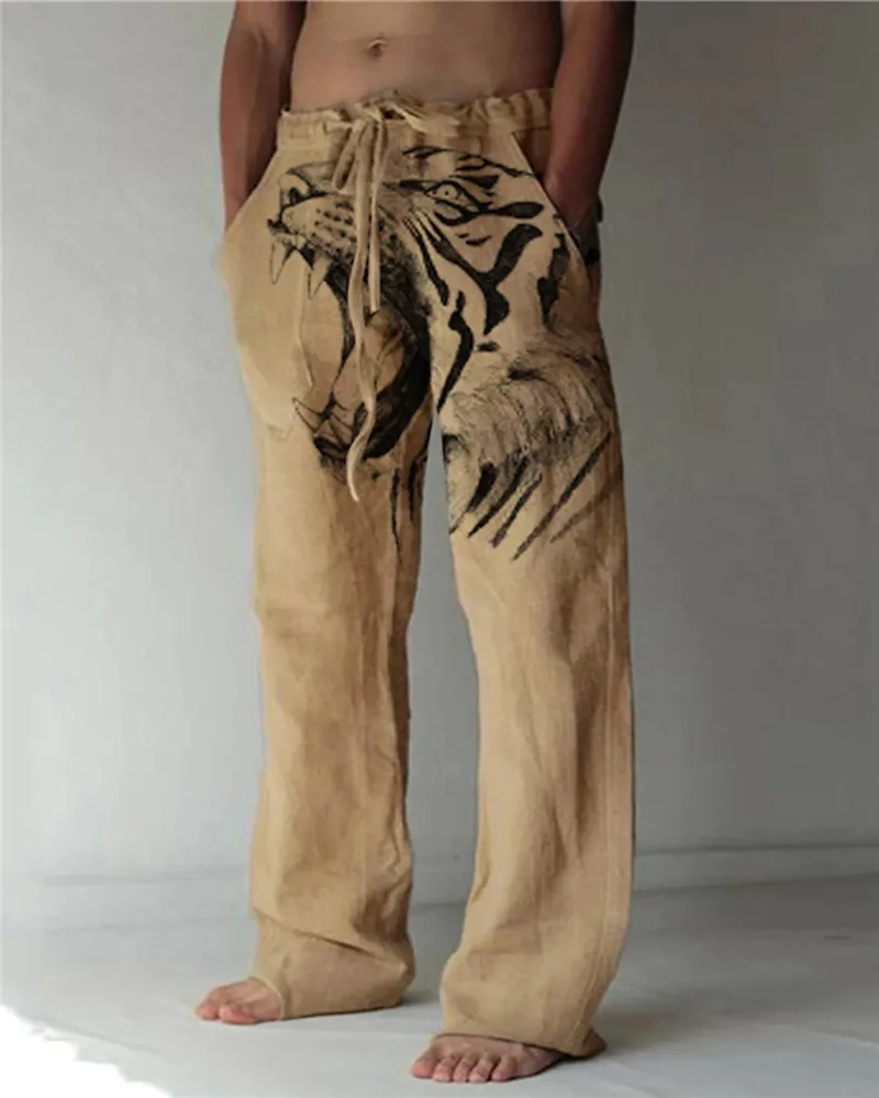 Men's Animal Straight Trousers Tiger 3D Print Elastic Drawstring Design Front Pocket Pants Beach Dragon Graphic Prints Casual