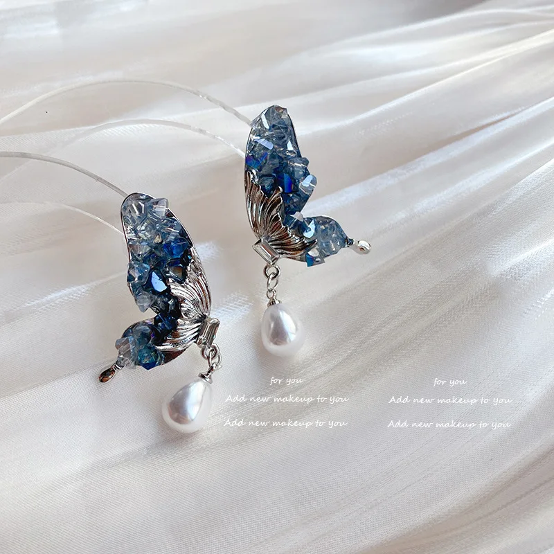 

Оригинальные дизайнерские Длинные Серьги-Подвески ручной работы с кристаллами в виде синей бабочки, украшения для ушей в праздничном стиле