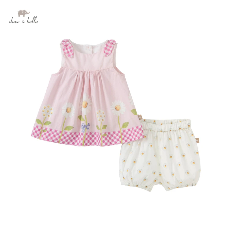 

Dave Bella Summer Baby Girls Cute Bow Floral Plaid Clothing Sets Kids Girl Fashion Sleeveless Sets Children 2 pcs Suit DB17435