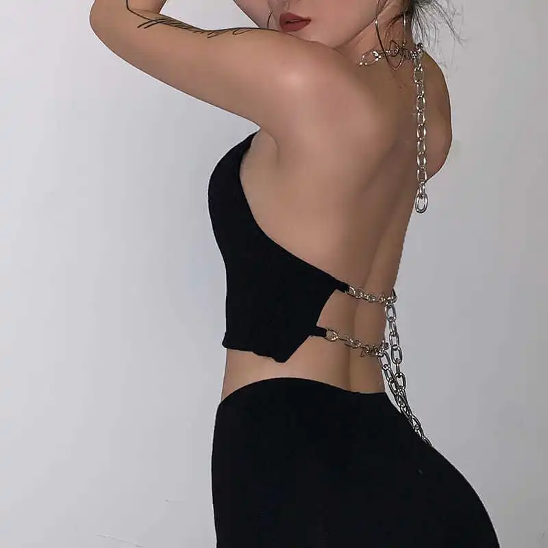 Large Backless Chain Hollow Apron Female Summer New Sexy Camisole Hot Girl Sexy Club Camis Solid Short Sleeveless All-match Top