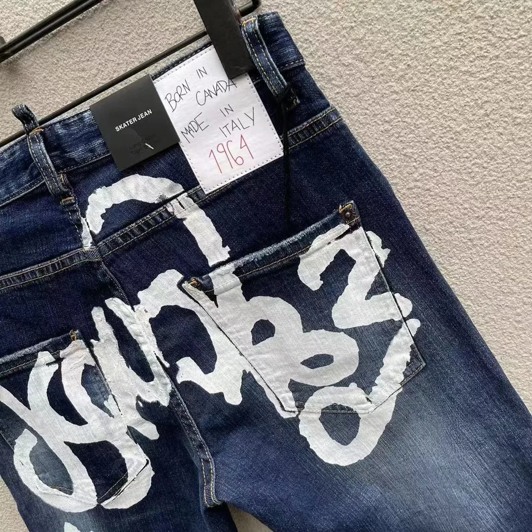 2023 Spring/Summer New D2 Jeans Fashionable Slim Fit Micro Elastic Hole Patch Simple Versatile Trendy Men's Pants