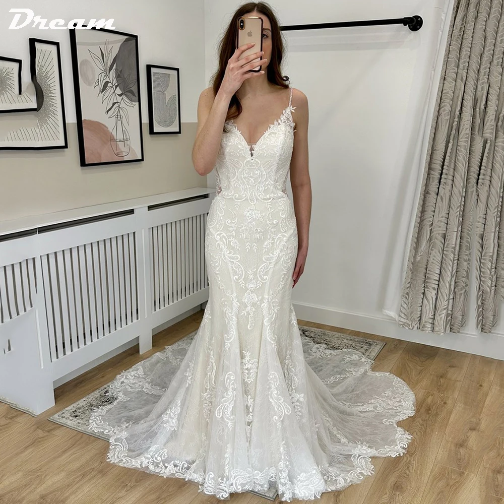 

DREAM Spaghetti Straps Beach Lace Mermaid Wedding Dresses V Neck Sleeveless Appliqued Bride Gowns Backless Bohemian Bridal Dress