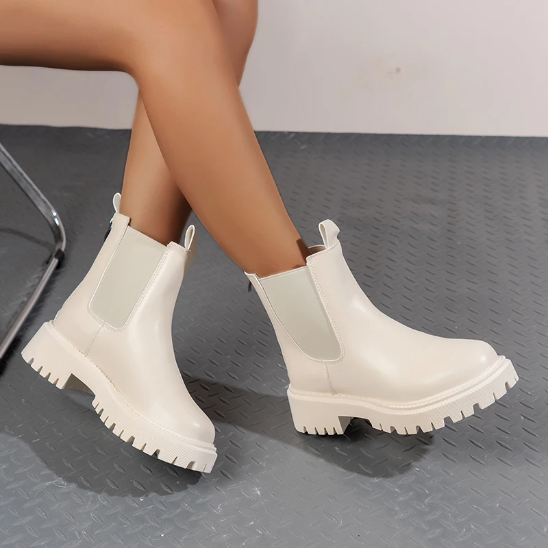 

Lucyever Pu Leather Thick Sole Chelsea Boots Women 2023 Retro Round Toe Platform Ankle Boots Woman Back Zipper Short Botas Mujer