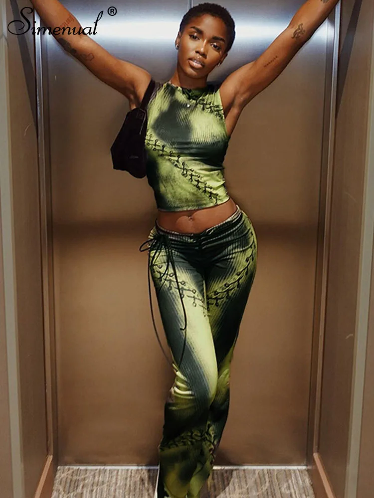 

Simeual Printed 2 Piece Sets Women Crew Collar Green Crop Tank Top And Drawstring Straight Full Pants Chic Elegant Outfits New