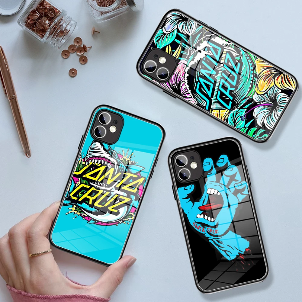 Fashion brands Skateboard Santa Cruz Phone Case Tempered Glass For iPhone 13 11 Pro XR XS MAX 8 X 7 12 13 Pro Max Mini Covers