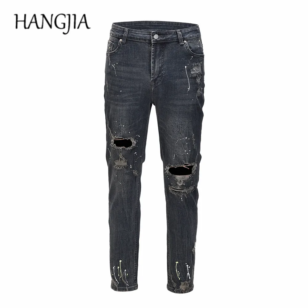 

Джинсы Swag мужские потертые, уличная одежда, модные облегающие джинсы до колена, с эффектом потертости, с брызгами чернил