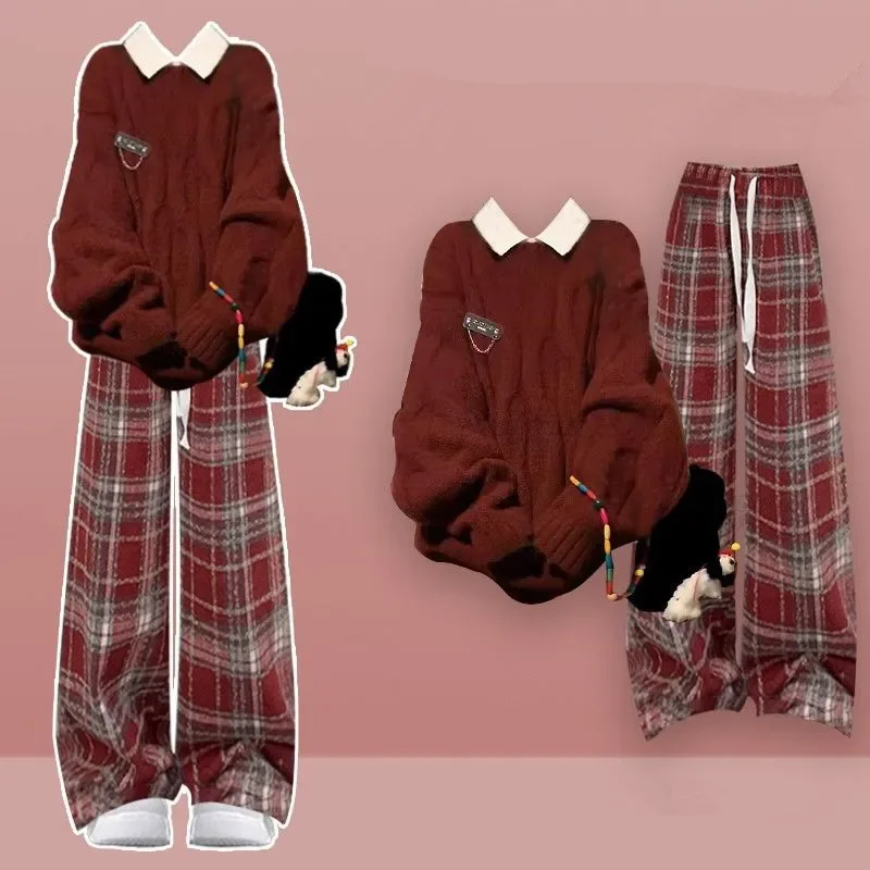 Женские осенне-зимние красные свитера Lucky рубашки клетчатые широкие брюки