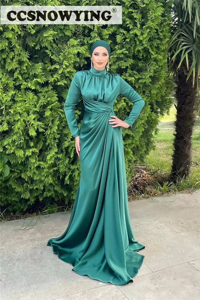 

Простой сатин хиджаб с длинными рукавами мусульманские Вечерние платья, женские исламские вечерние платья с высоким воротником, Арабский к...