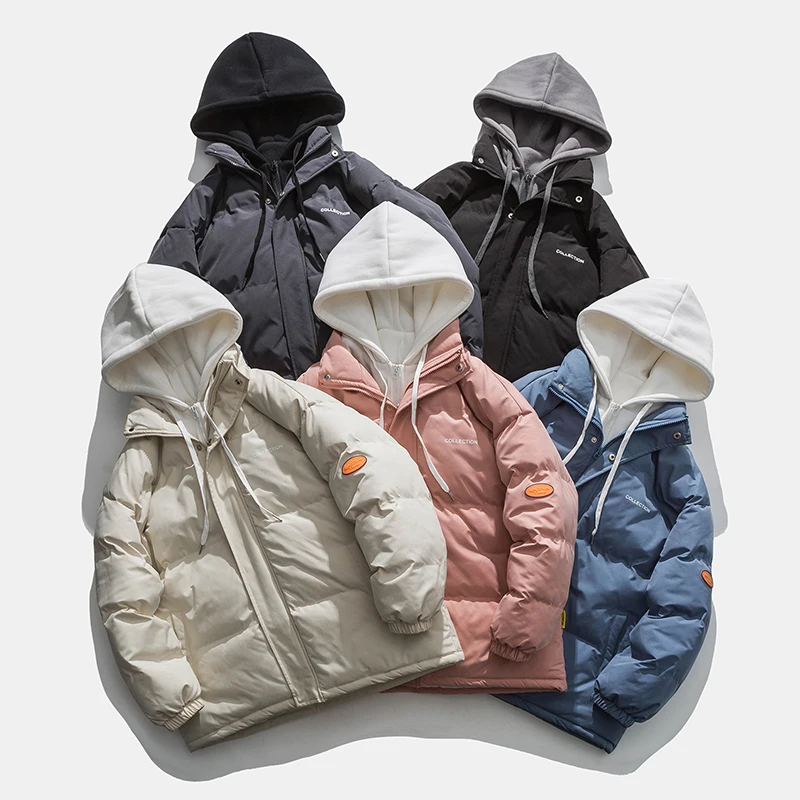 

NewMen Solid Thick Winter Colorfuls Bubble Coat Korean Fashions Pockets Jacket Coat Streetwear Fake 2 pcs Parka Puffer Jacket