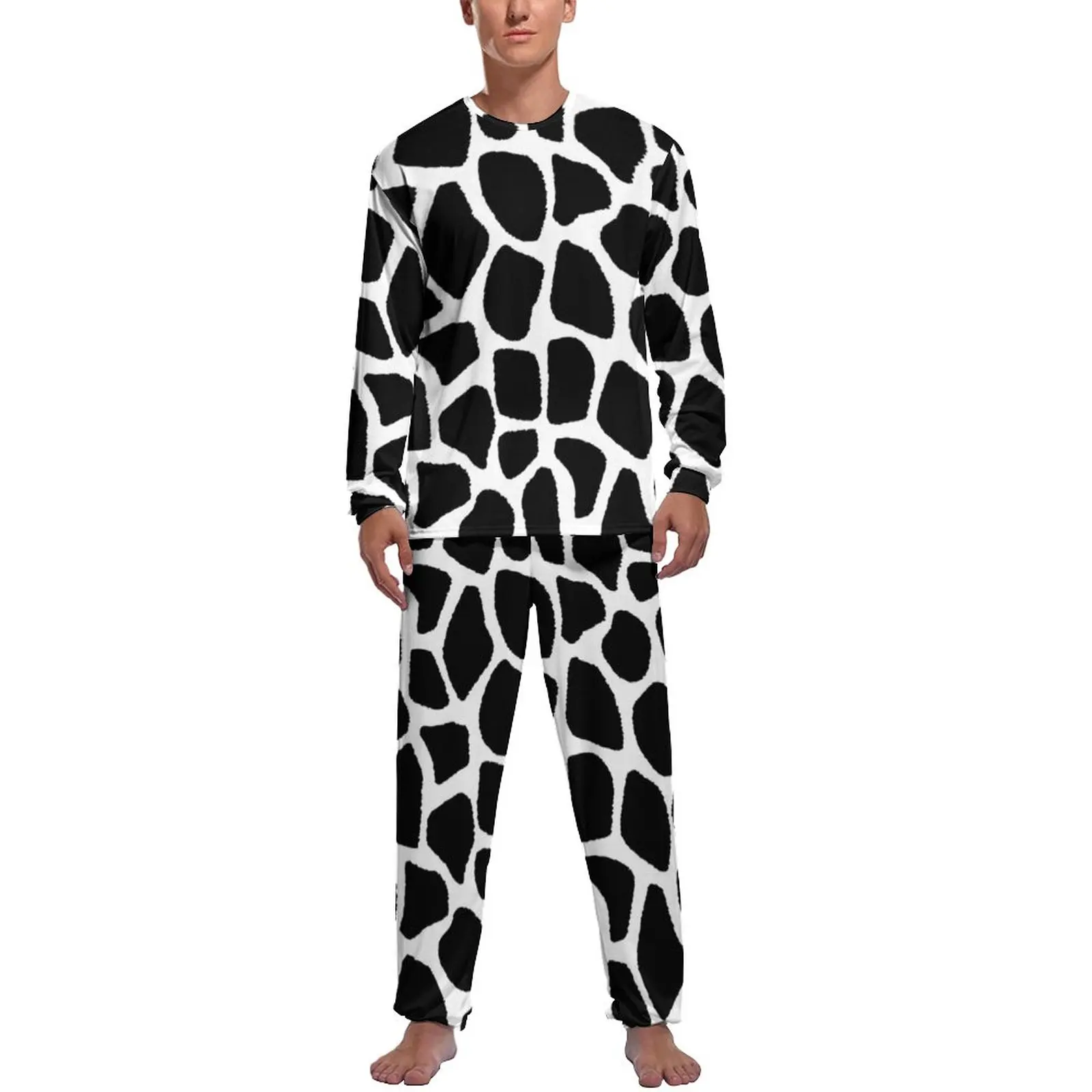 Black And White Giraffe Pajamas Men Animal Print Kawaii Nightwear Winter Long Sleeve Two Piece Bedroom Design Pajama Sets