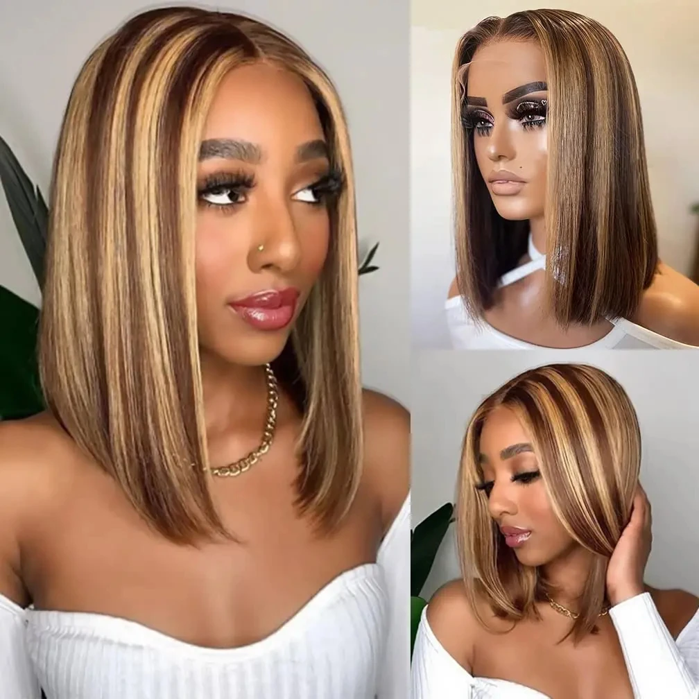 Фото Новинка! Парик-каре 4/27 Highlight Bob Wigs, прямой, с кружевной передней частью, из натуральных волос, бордовый 99J, омбре, цветной, 13x4, короткий парик-каре из натуральных волос. №1