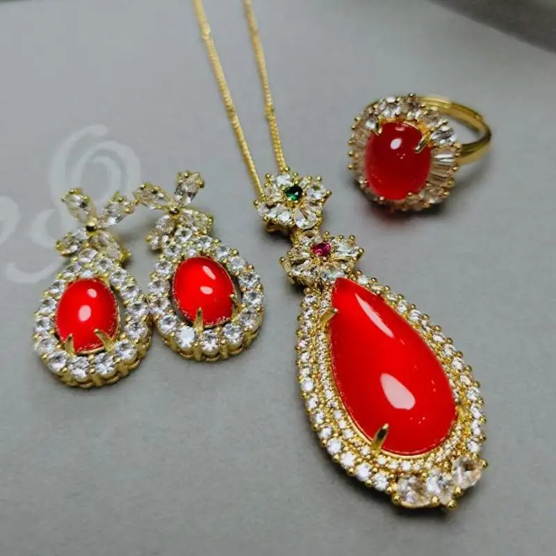 

Genuine Natural Red Jade Earrings Ring And Pendant Necklace Jewelry Set Gifts For Women Carnelian Fine Accessories Jewellery