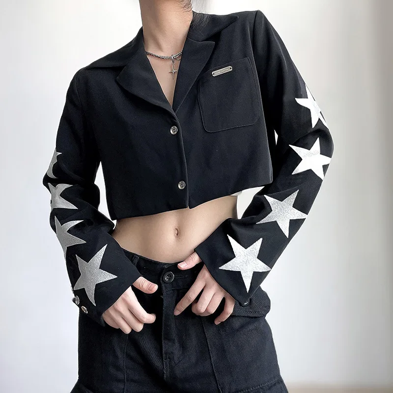 

Women Fashion Cropped Jacket Coat Long Sleeve Turn-down Collar Star Print Casual Suit Outwear Streetwear