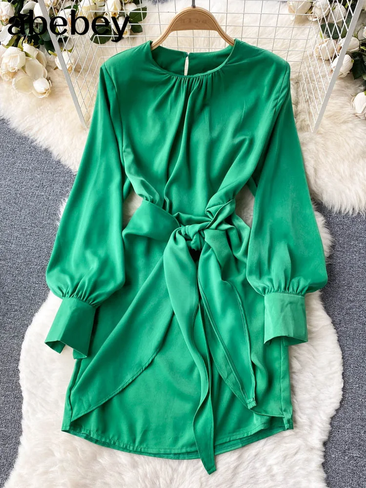 

Green/Blue Women Dress 2022 Spring Summer Sexy Solid O Neck Long Lantern Sleeve Ruched Dress Female Elegant Bodycon Party Dress