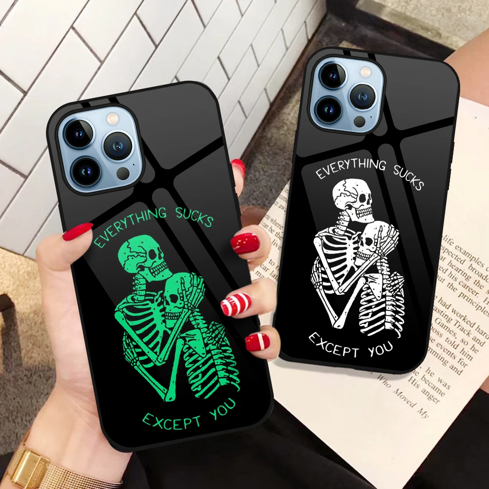 

Funny Skull Skeleton Luminous Glass Phone Case for iPhone 14 13 12 11 Pro Max Mini XS XR X 7 8 6 6s Plus 5 5S Back Cover Coque