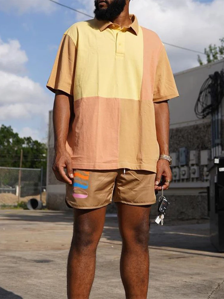

Fashion Patchwork Mens Two Piece Suits Summer Short Sleeve Lapel Buttoned Shirt And Drawstring Shorts Outfits Sets Streetwear
