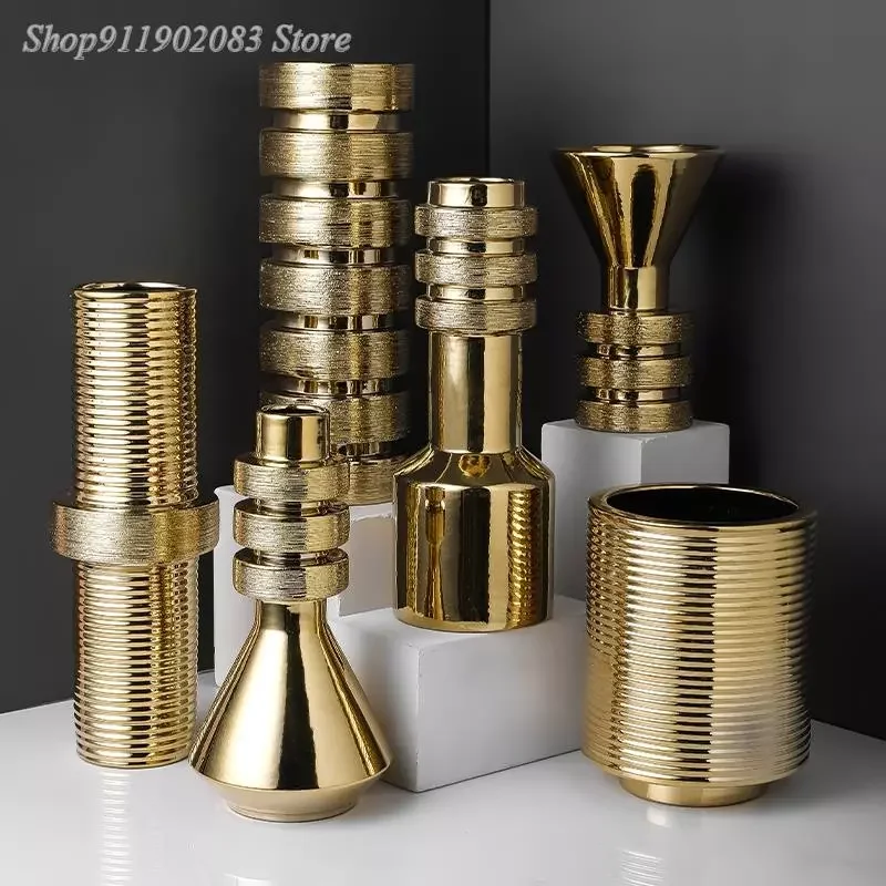 

NEW2023 Ceramic Vase Gold Geometry Screw Abstract Ceramic Handicraft Ornaments Vase Arrangement Hydroponics Accessories