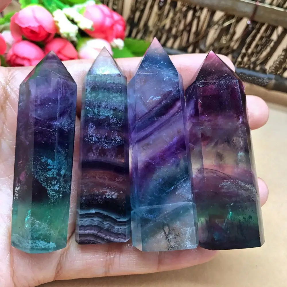 

50-60mm Fashion Collectables Home Colorful Stone Crystal Wand Natural Fluorite Point Healing Gemstone