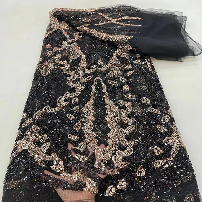 

Latest Handmade Beaded Net Lace High Quality African French Tulle Lace Fabric Sequins Bridal Material TS1978