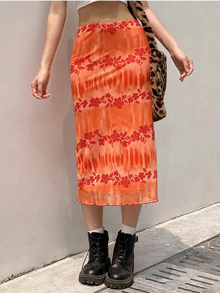 

Fashion Summer Women Boho Beach Casual Style Skirts Female High Waist Floral Printing Orange Midi Skirt Party Holiday Clothing