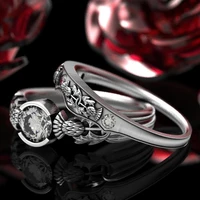2pcs vintage whiteblue glass filled bride ring set classic carved pattern hollow ring for women anniversary wedding gift