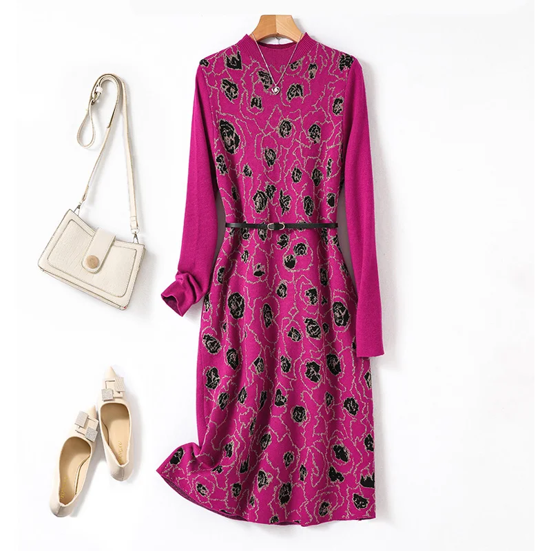 

Women Clothes Black Rose Jacquard Belt Wool Dress Female 2024 Spring Autumn New Loose Soft Elegant Fashion Sweater Dress