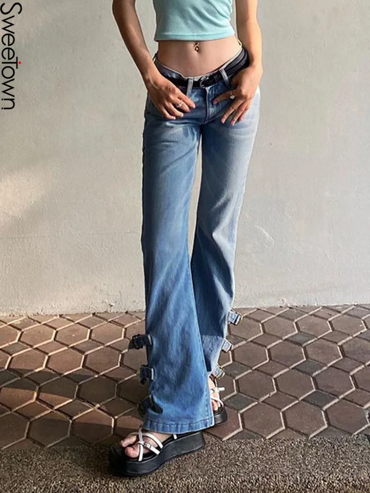 

Sweetown Vintage Fashion Flare Pants Side Metal Buckle Slit Low Waist Jeans Woman 2022 Chic Design Streetwear Slim Denim Bottoms