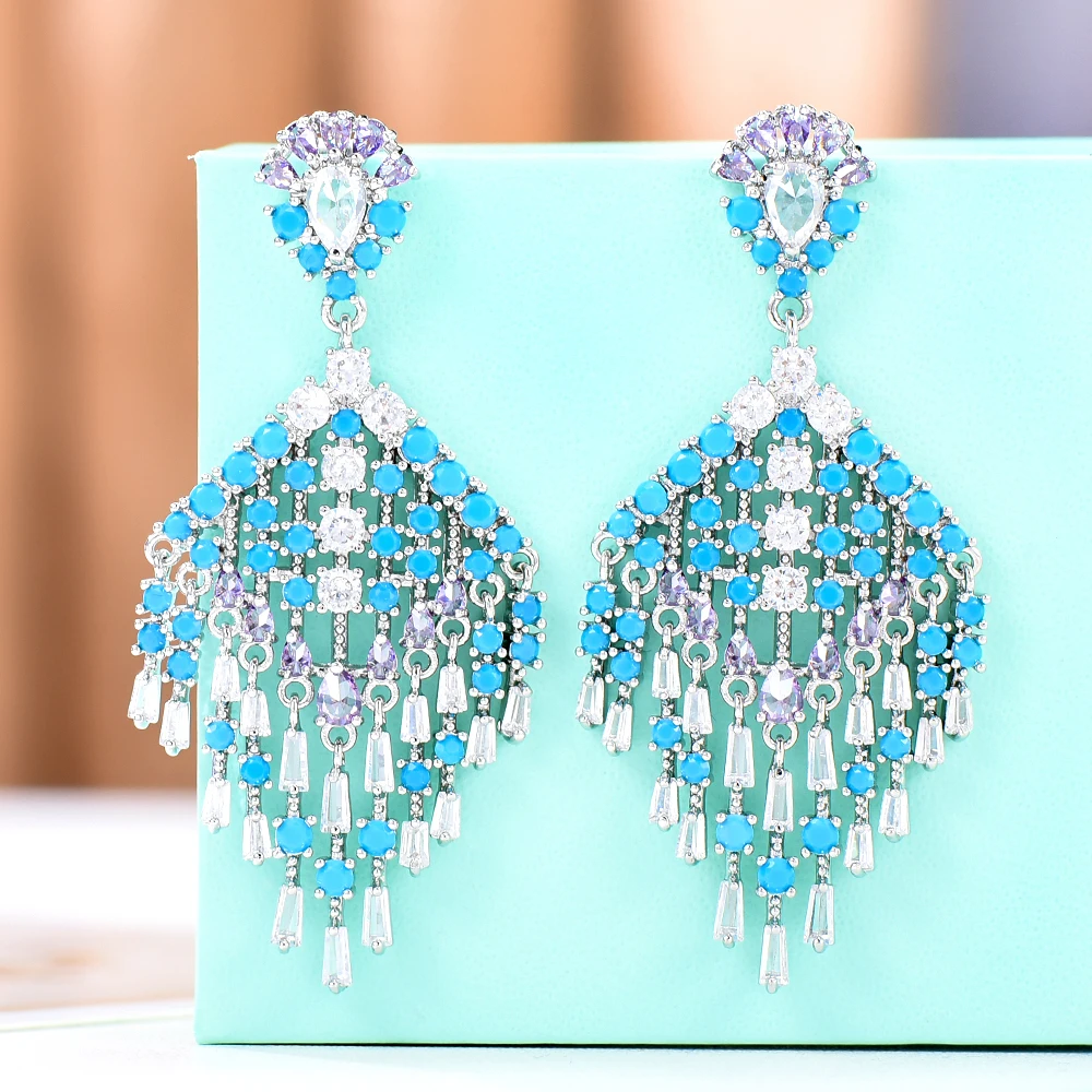 

Kellybola Brand Sky Blue Tassel Pendant Earrings Dangle For Women Bridal Wedding 2022 New Design Best Gift for Lady Girl Jewelry