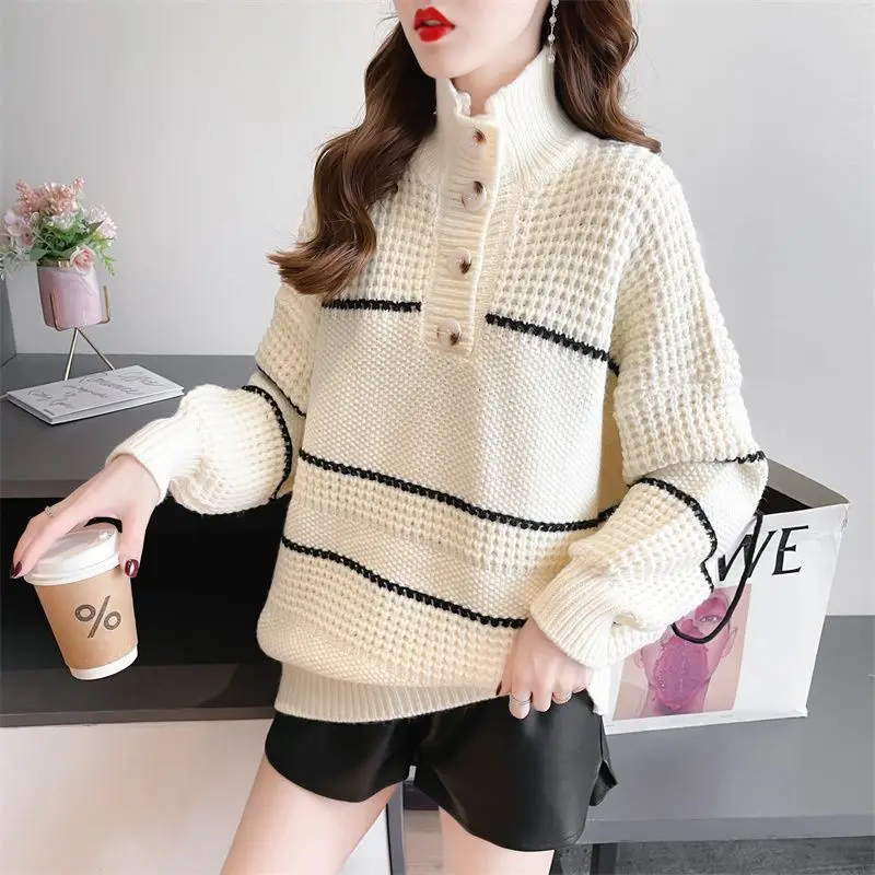 

Turtleneck Striped Knitted Sweater for Women 2023 Autumn Winter New Loose Loose Contrast Color knit Pullover Top Women
