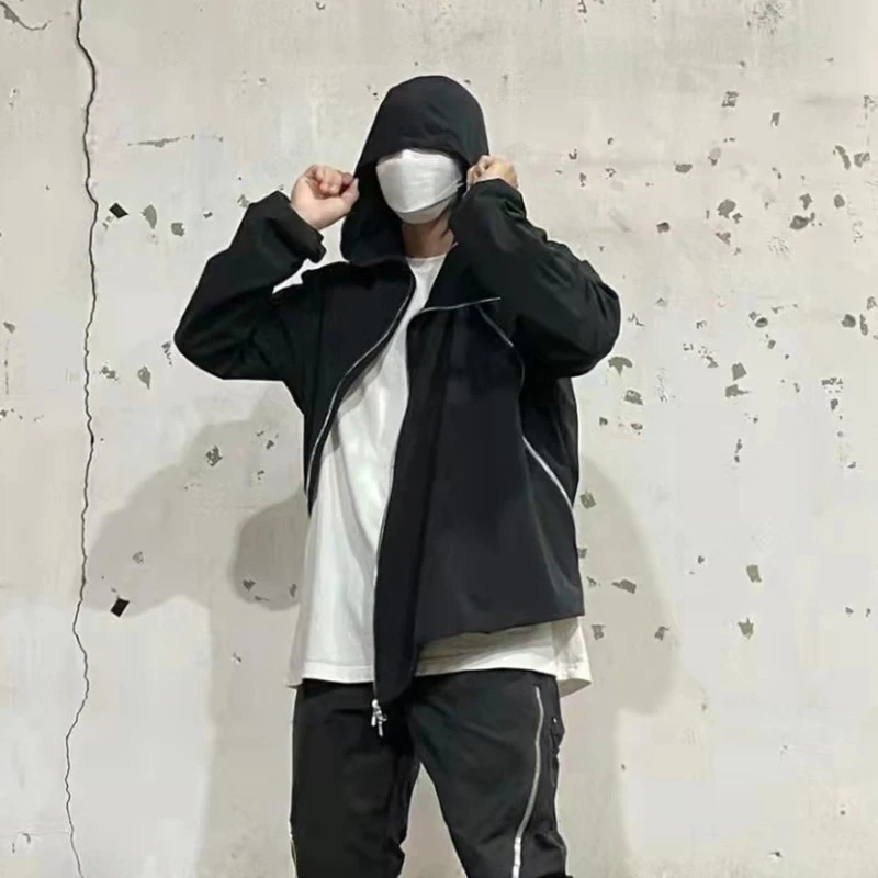 

High Street Front Double Zipper Hooded Outwear Jackets Male and Female Back Big Pockets Vibe Style Windbreaker Casual Coat