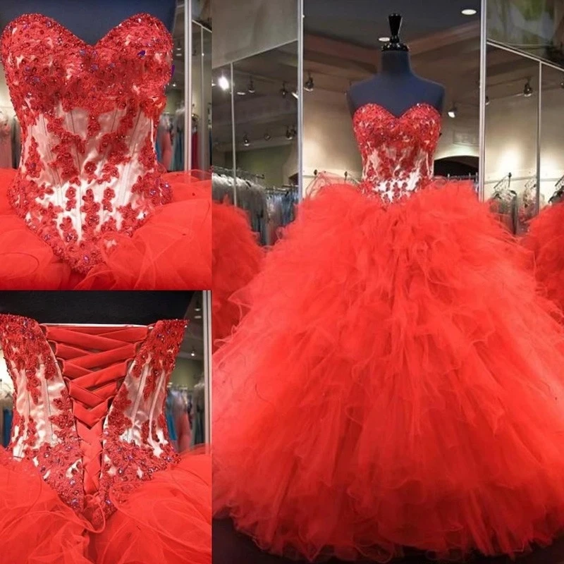 

ANGELSBRIDEP Red Sweetheart Ball Gown Quinceanera Dresses Fashion Applique Beaded Tulle Birthday Princess Party HOT