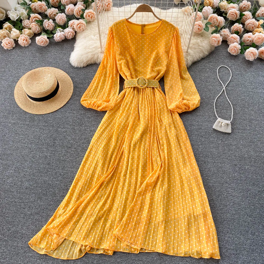 

New Autumn Vintage Floral Print Slim Lady Dress A Line O Neck Chiffon Pullover Puff Sleeve Women Dresses