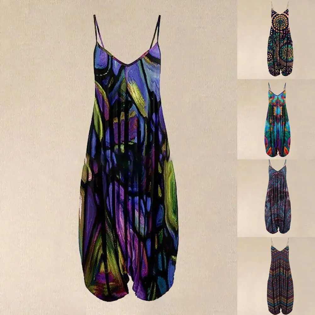 

Pattern Printed Rompers Fashion Women Summer Overalls Playsuits Plus Size Vintage Sling Loose bloomers Backless Casual Jumpsuit
