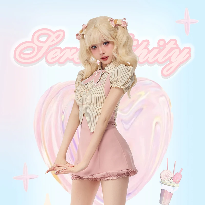 

Женский комплект из 2 предметов Kawaii Y2K, милые сексуальные тонкие рубашки в полоску, розовая юбка, элегантные наряды в стиле "Лолита", Новинка лета 2023