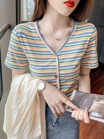 2022 casual women t shirt long sleeve korean style slim basic cotton tshirt striped top womens clothing spring t shirt femme