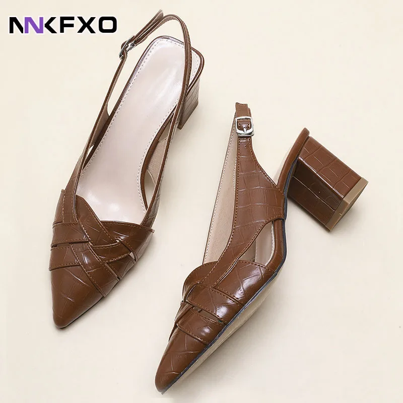 

Женские плетеные туфли-лодочки с острым носком, на тонком каблуке, летняя обувь с ремешком и пряжкой, однотонные кожаные Дизайнерские повсе...