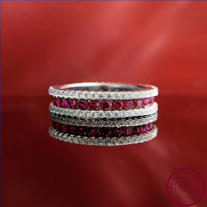 

2023 New Row Ring s925 Silver Inlaid Red Treasure Round 2.0mm Slim Women's Ring Show Finger Length Factory Direct Sales