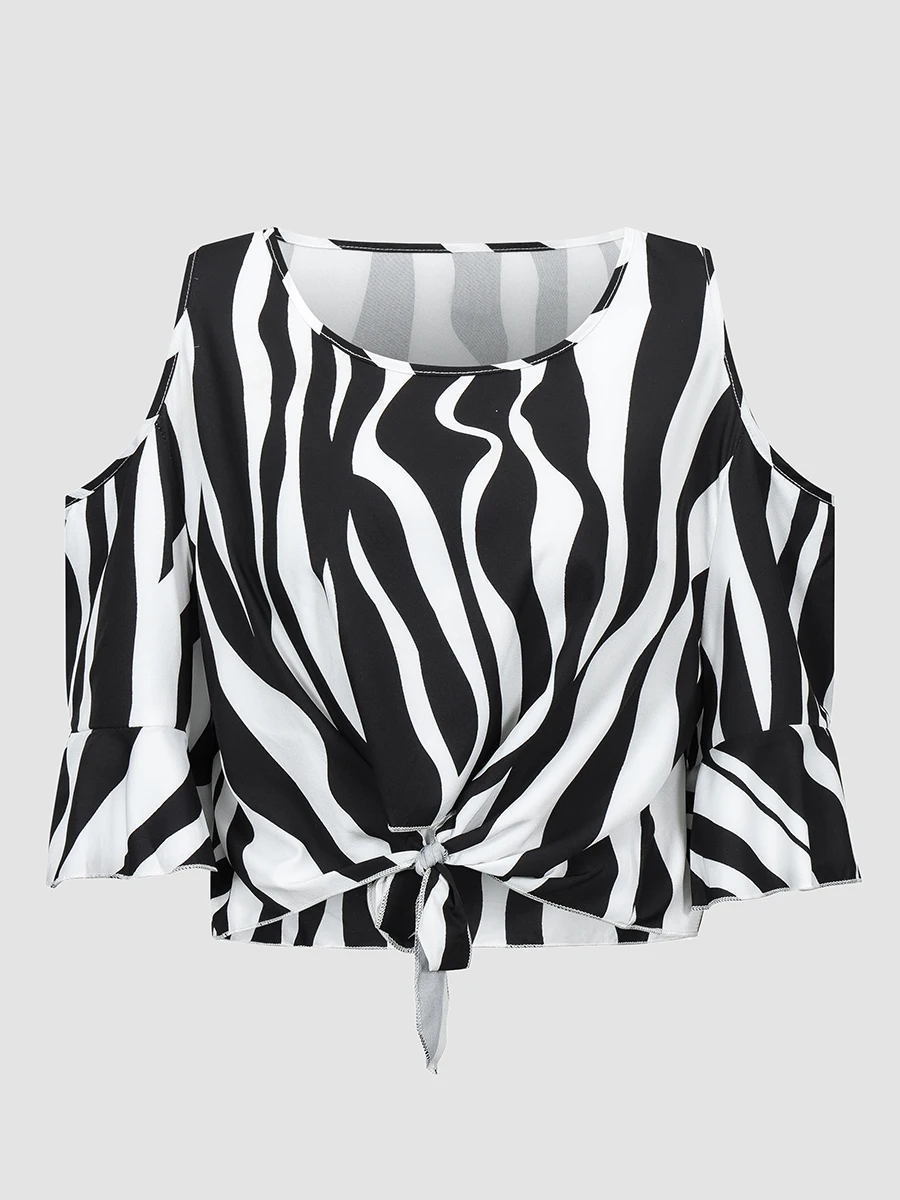 

Finjani Zebra Stripe Cold Shoulder Blouse Plus Size Crew Neck Knot Hem Women's Clothing Ultra Thin Comfortable Loose Ladies Top