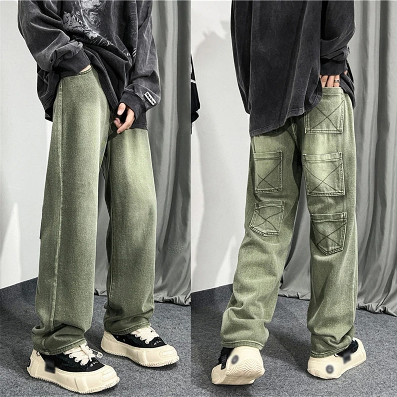 

2023 New Fashion Vintage Green Baggy Men Hip Hop Jeans Pants Y2K Clothes Multiple Pockets Women Straight Denim Trousers Vaqueros