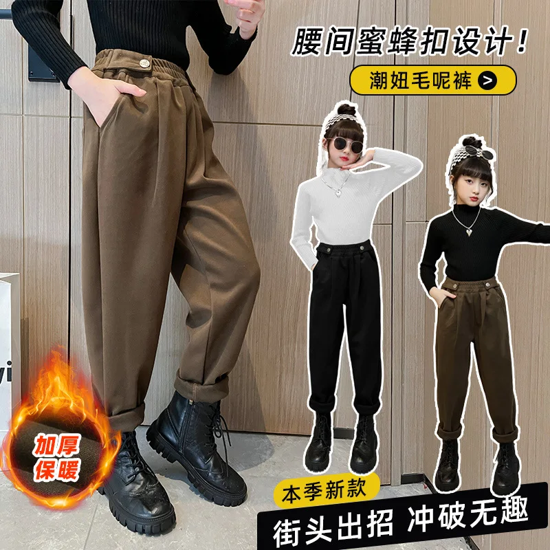 

Винтажные теплые плотные брюки-карго, зимние повседневные шаровары для девочек, детские прямые брюки с эластичным поясом в стиле ретро, спортивные штаны для детей