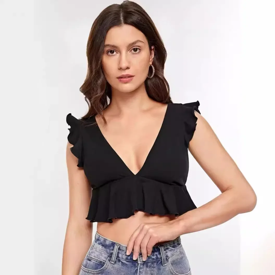 Женский топ с оборками и V-образным вырезом без рукавов